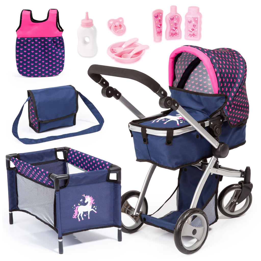 Bayer Milano Mega Set With Combi Pram- Dark Blue With Pink Hearts