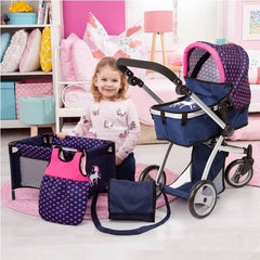 Bayer Milano Mega Set With Combi Pram- Dark Blue With Pink Hearts