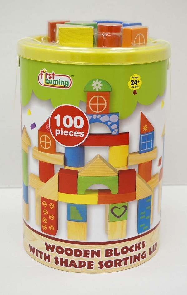 First Learning 100 Piece Wooden Blocks With Shape Sorting Lid